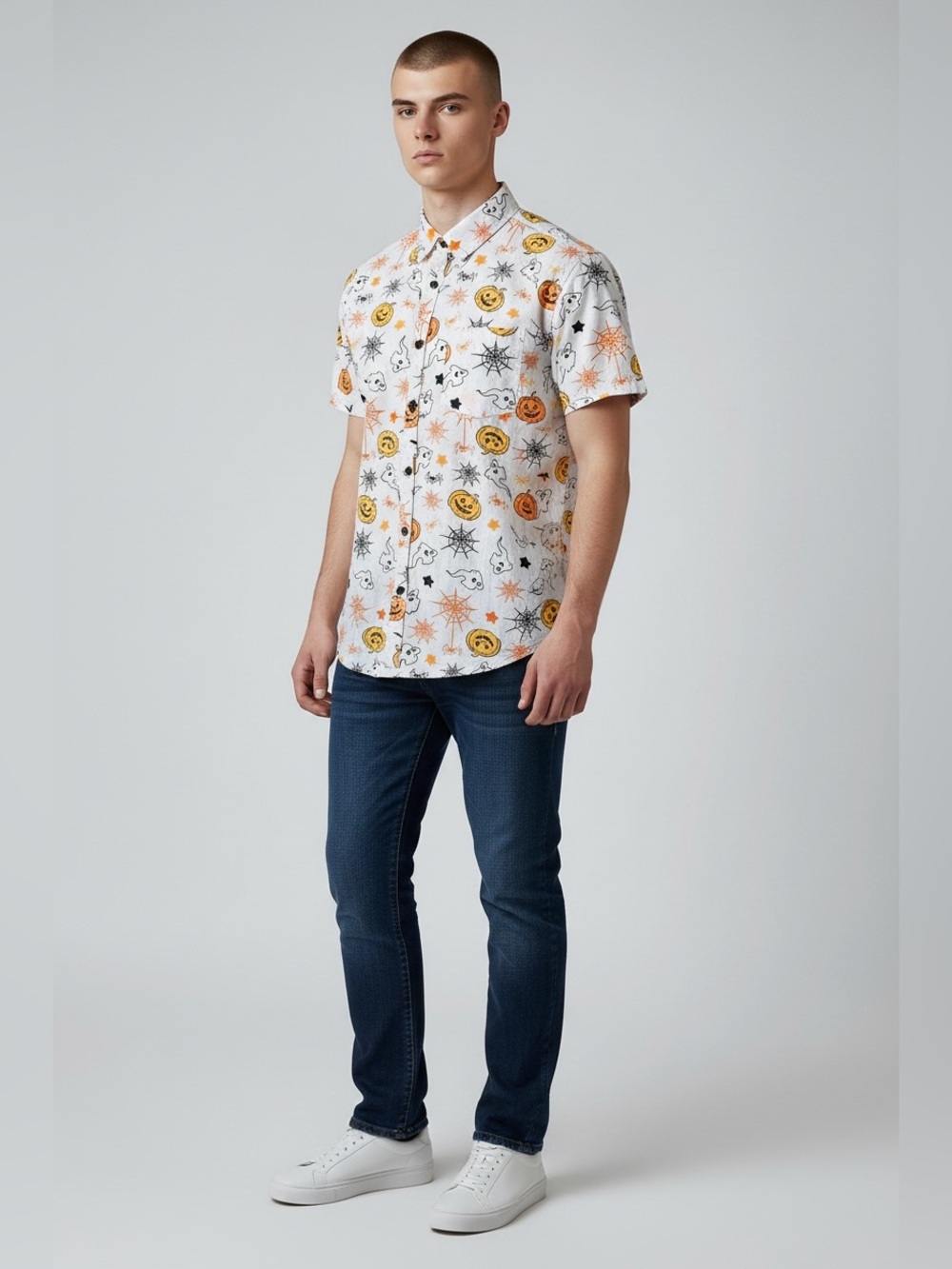 Eighth Avenue Men’s Size Large  Short Sleeve Halloween Print Button Up Shirt